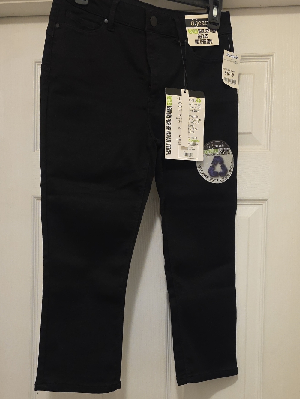 d. jeans Black Recycled Denim Cozy Plush High Waist Butt Lifter Capri Jeans